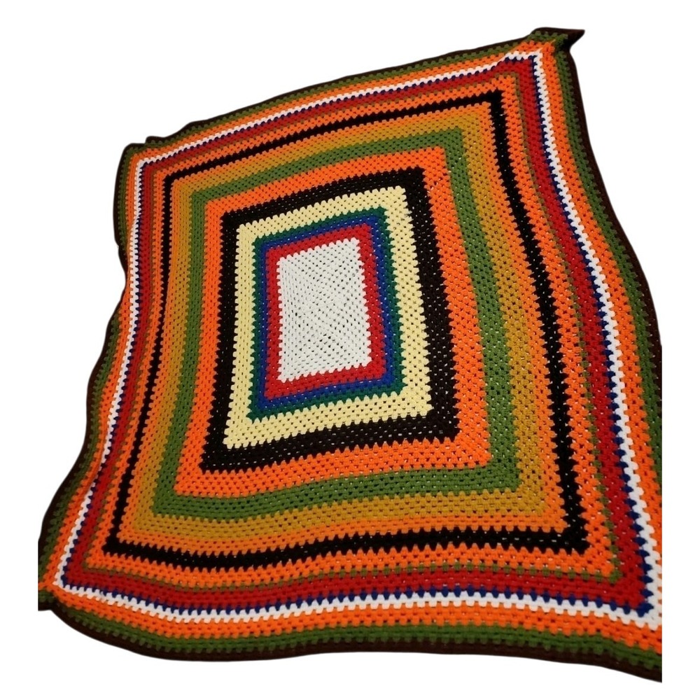 Afghan Mid Century Modern Handmade Colorful Crochet Throw Blanket 65"x65"